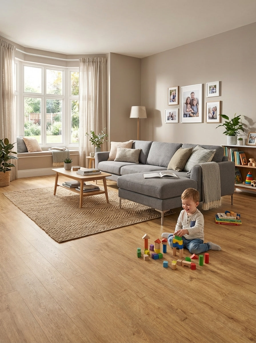 Living room with a child playing on the floor, surrounded by furniture and decor.