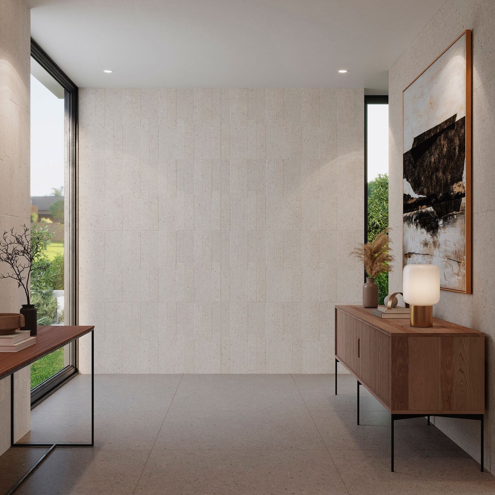 Ivory coloured pattern tiles in modern house