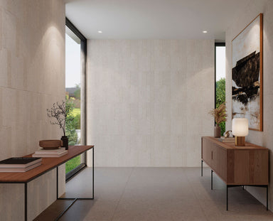 Ivory coloured pattern tiles in modern house