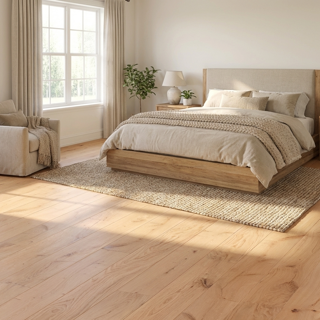 Modern bedroom with wooden bed, beige bedding, and natural light.