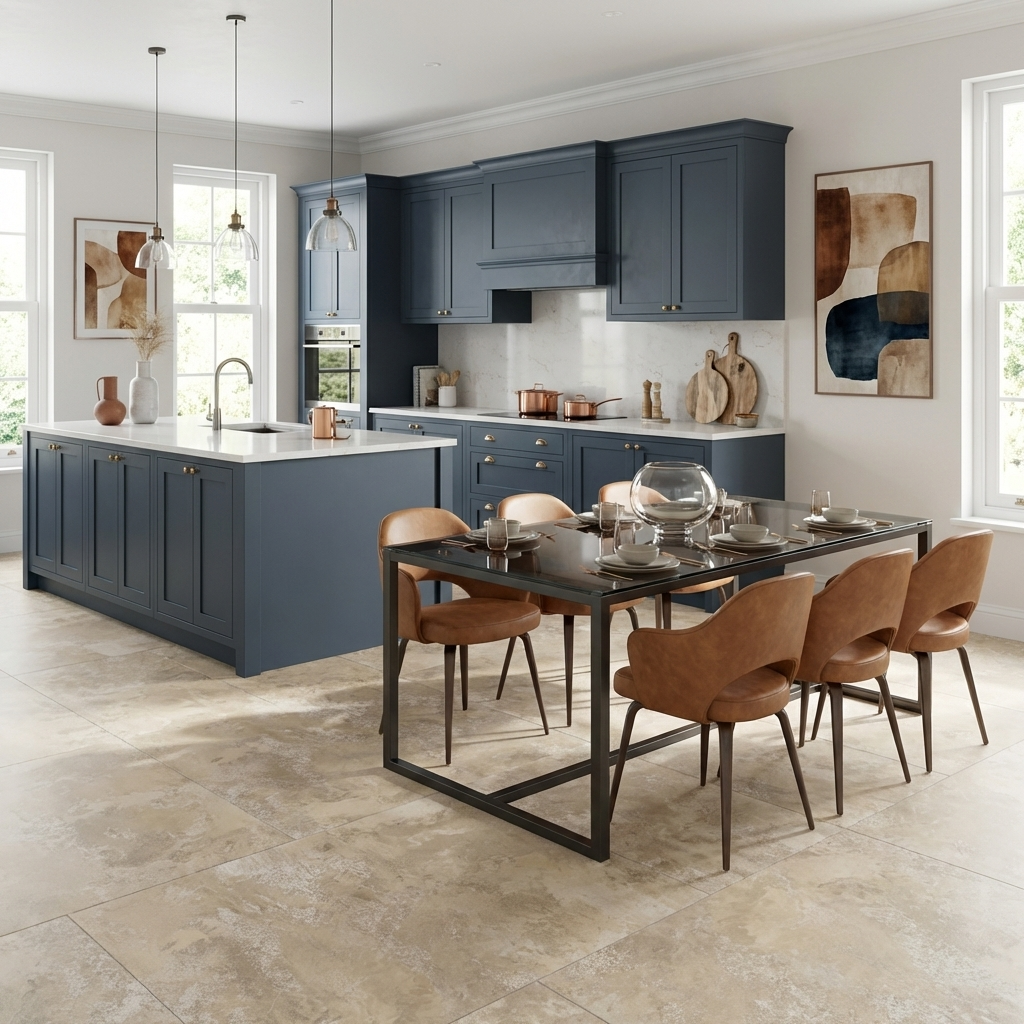 Modern kitchen with golden beige tiles, blue cabinets, marble island, and brown chairs.