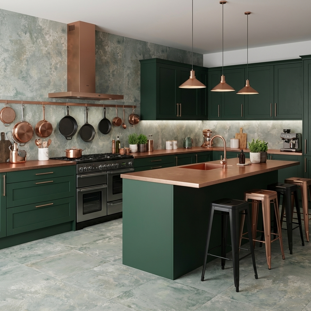 Modern kitchen with green cabinets, wooden island, and copper pots.