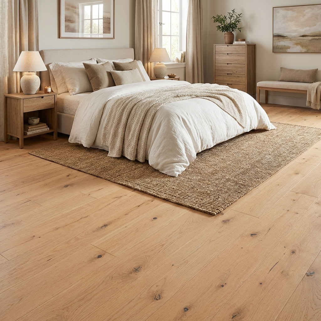 Neatly made bed in a bedroom with wooden flooring and furniture.