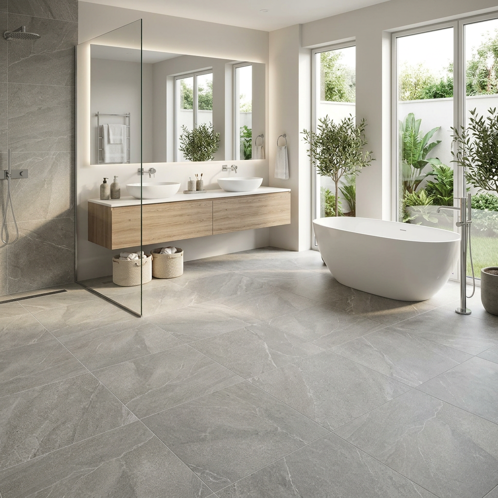 A modern bathroom interior with large light gray stone-look floor tiles, a floating wood double vanity with white sinks, a clear glass shower enclosure, a freestanding white bathtub, and tall windows overlooking greenery.
