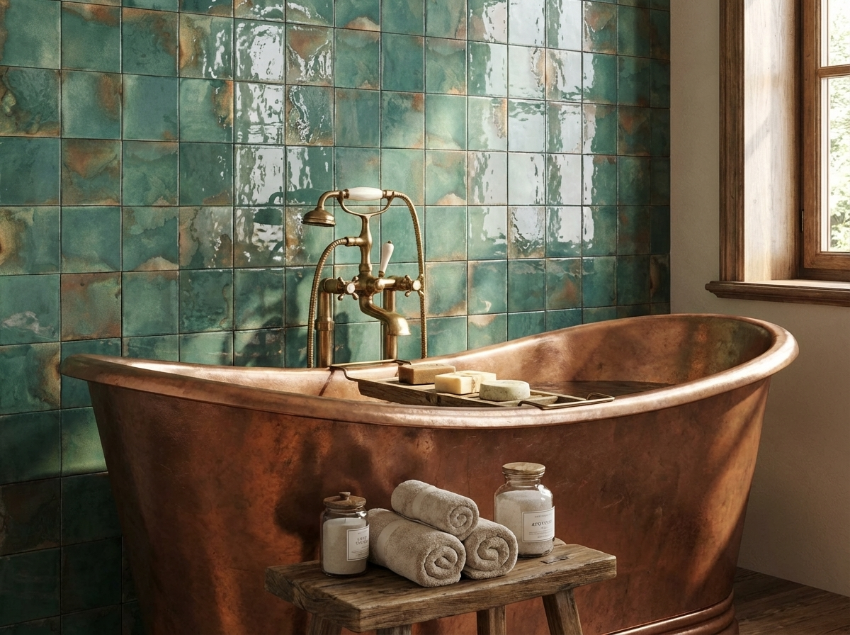 Copper bath in front of green tiles background