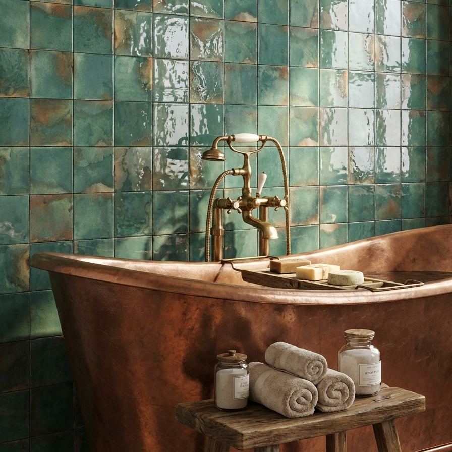 Copper bath in front of green tiles background