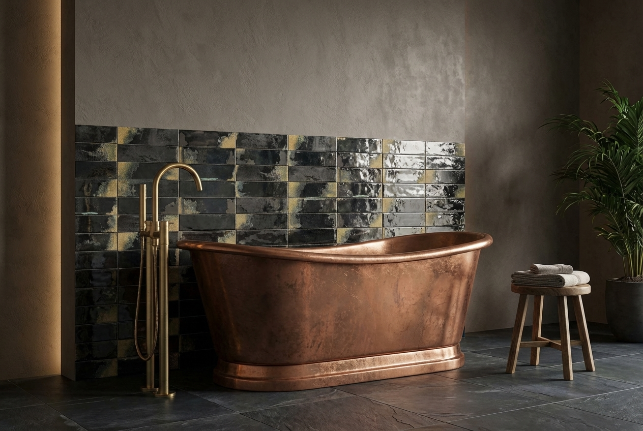 Copper bath with black tiles on wall behind.