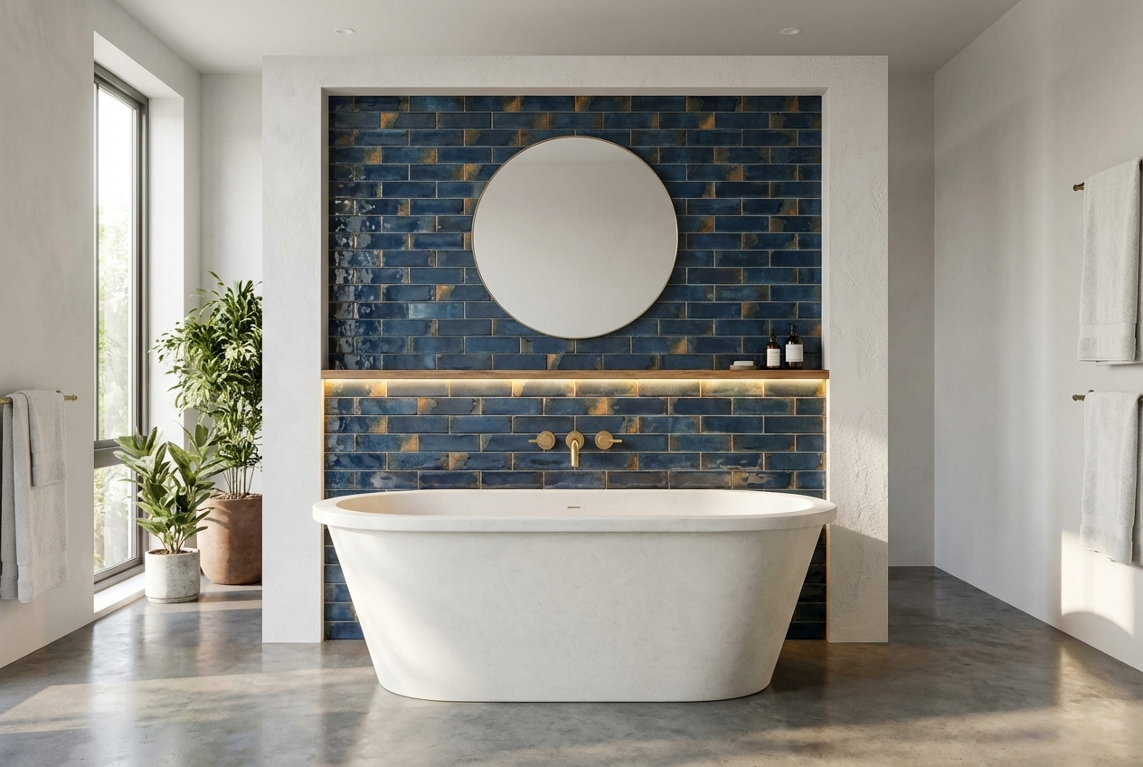 White free standing bath with white bath on floor in front of tiled area.