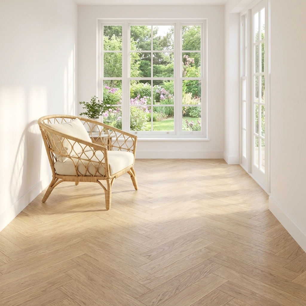 Sun room setting, Herringbone flooring and large windows with lots of light.