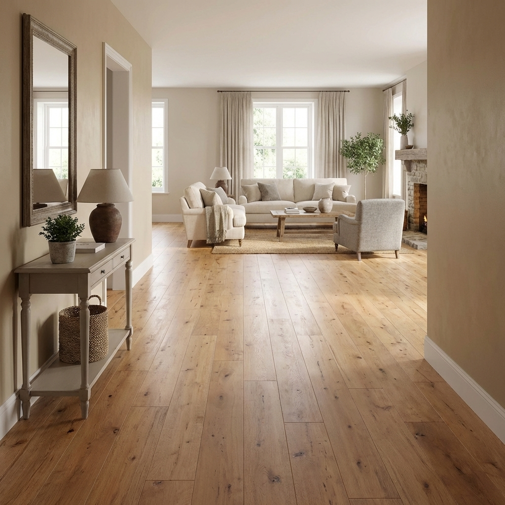 Hallway entering into a living room with sofa on a wooden floor.