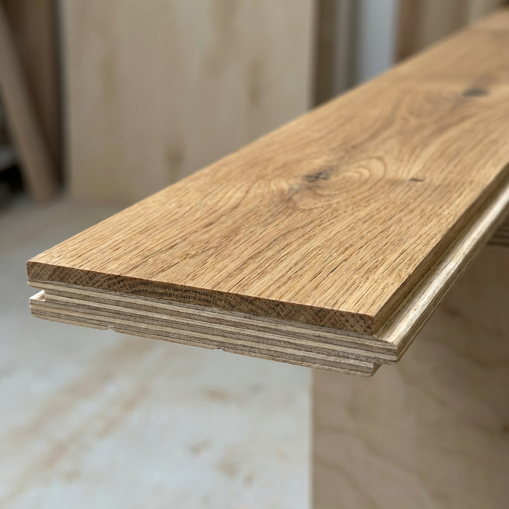 Close-up of a wooden shelf with a blurred background