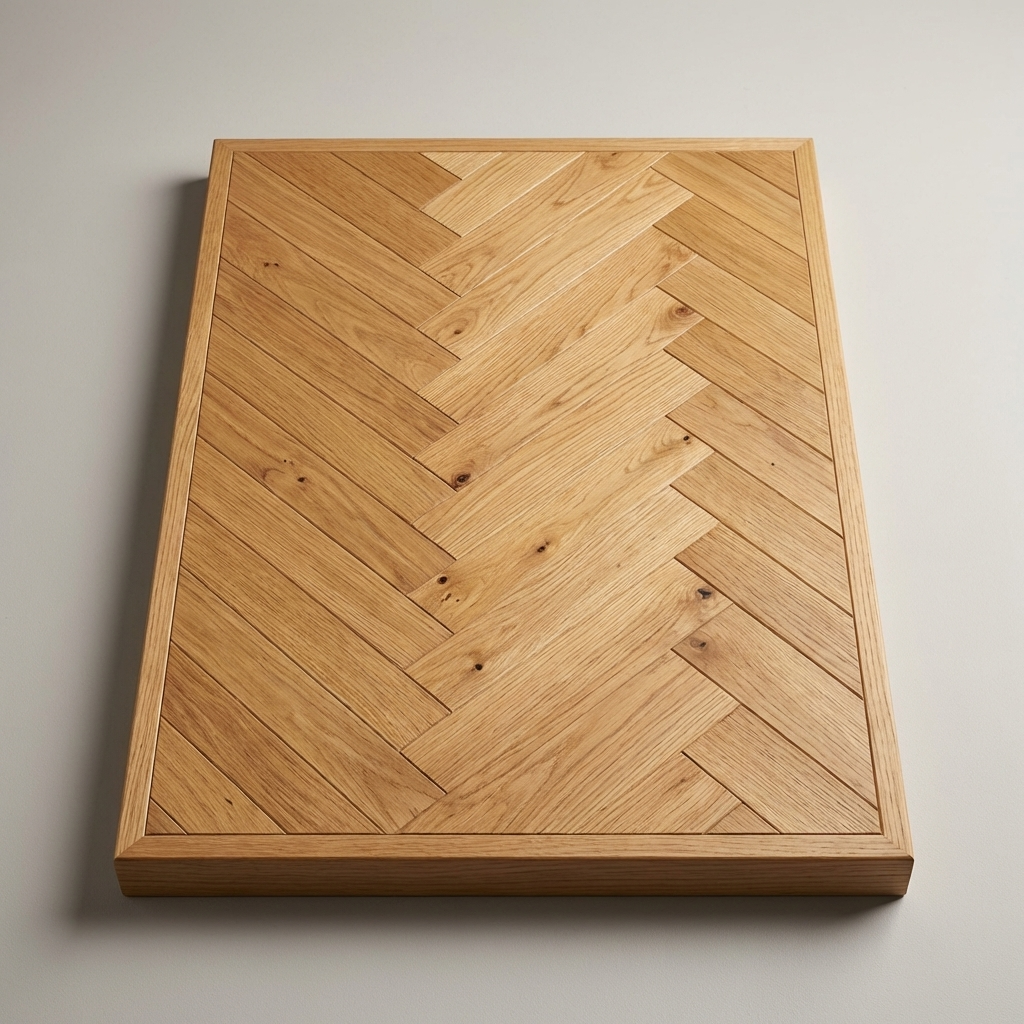 Wooden cutting board with a herringbone pattern on a plain background