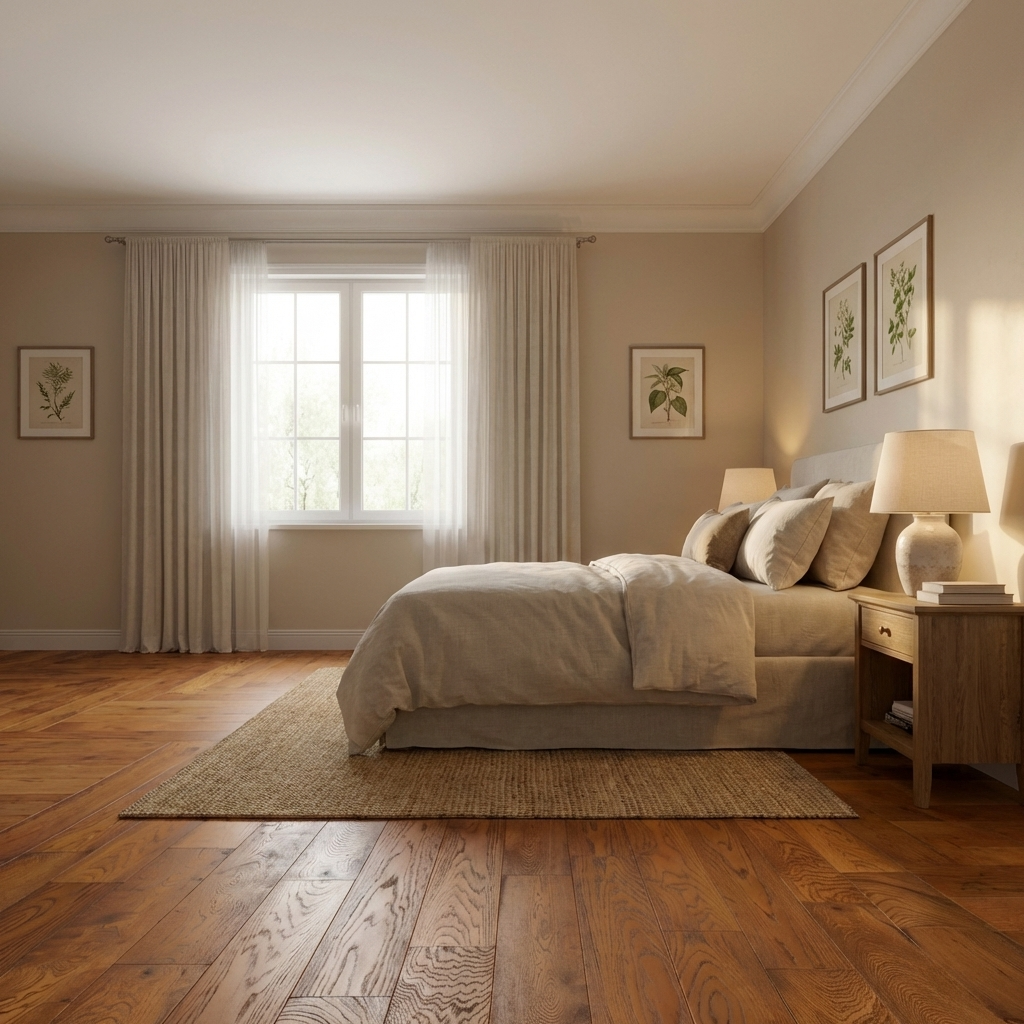 Neatly made bed in a bedroom with wooden flooring and light-colored walls.