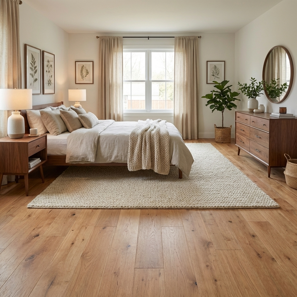 Neatly arranged bedroom with wooden flooring, bed, and furniture.