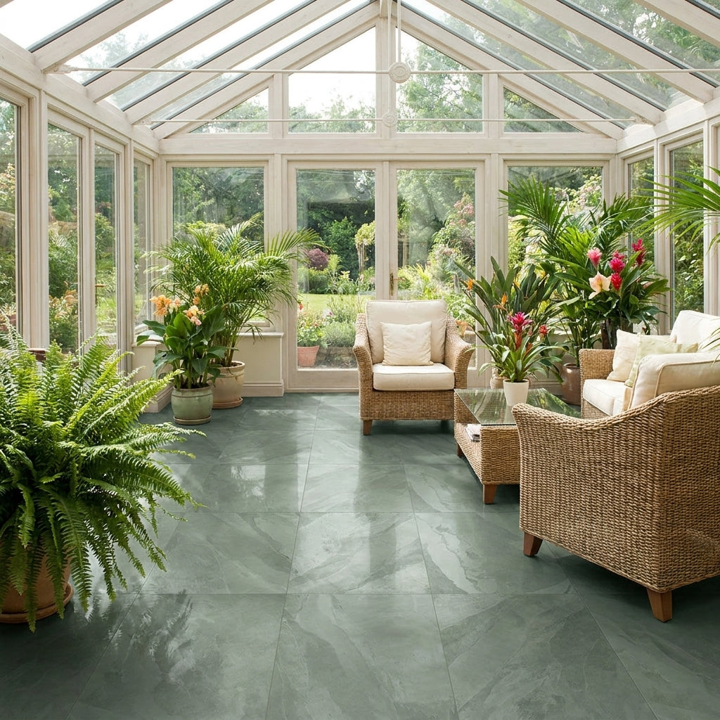 Sunroom with wicker furniture, potted plants on top of a slate green floor tiles.