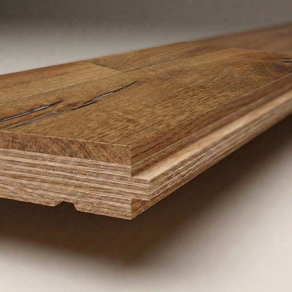 Wooden oak plank close up display with grain detail and engineered board.