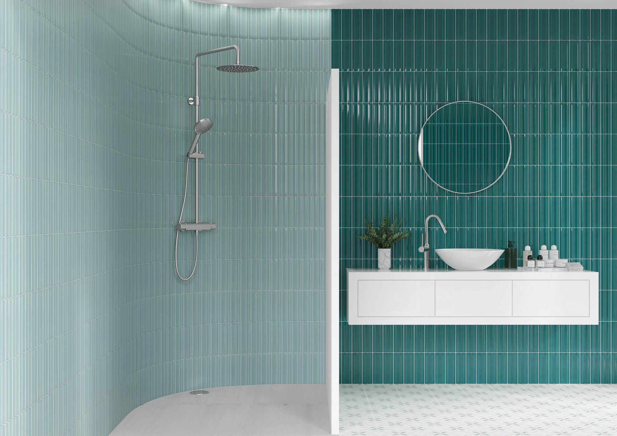 Modern bathroom with green tiled walls and a white vanity.