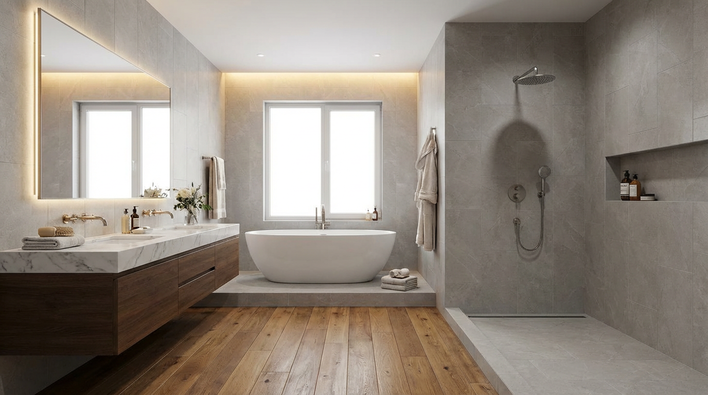 Modern bathroom with a freestanding bathtub, wooden vanity, and shower area.