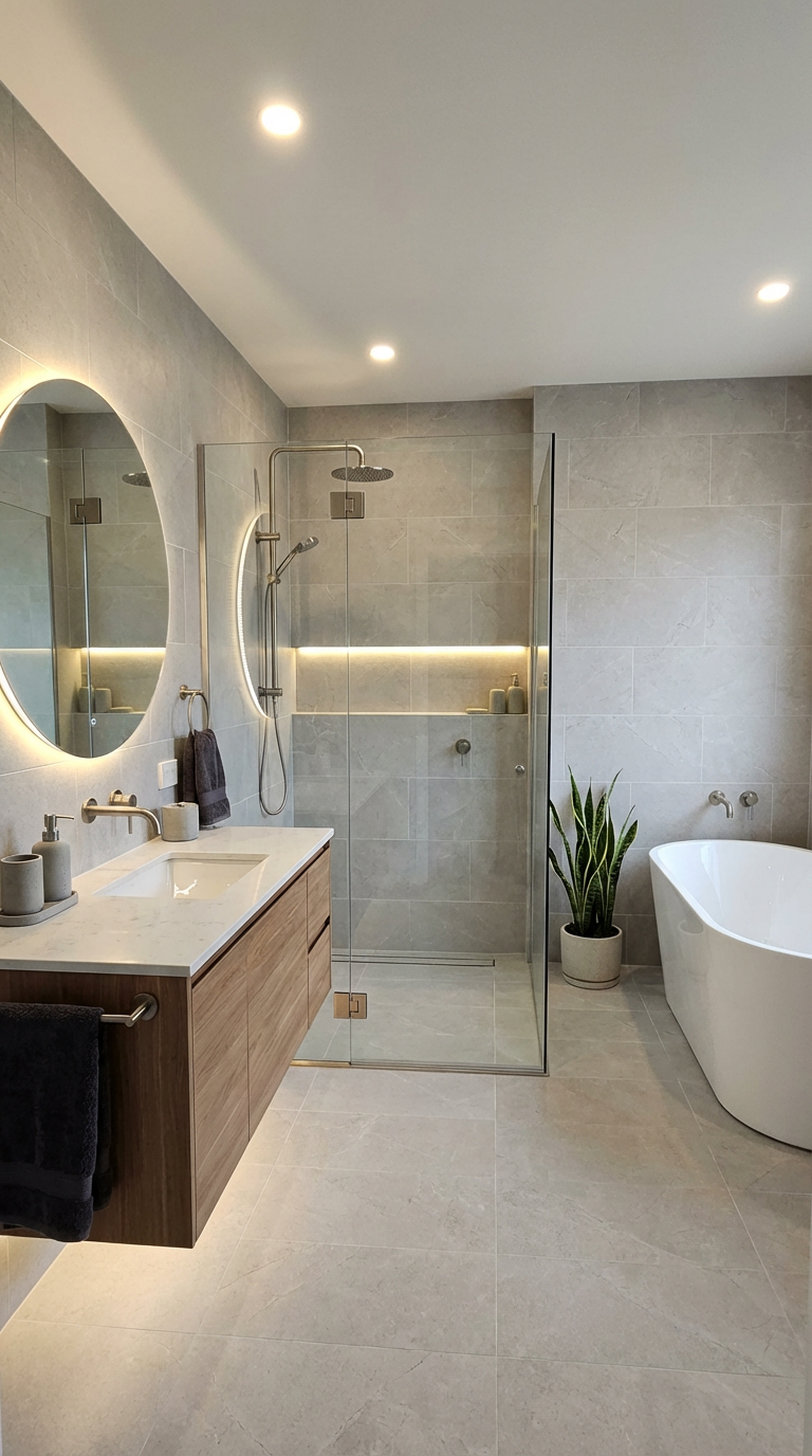 Modern bathroom with a freestanding bathtub, vanity, and shower area.