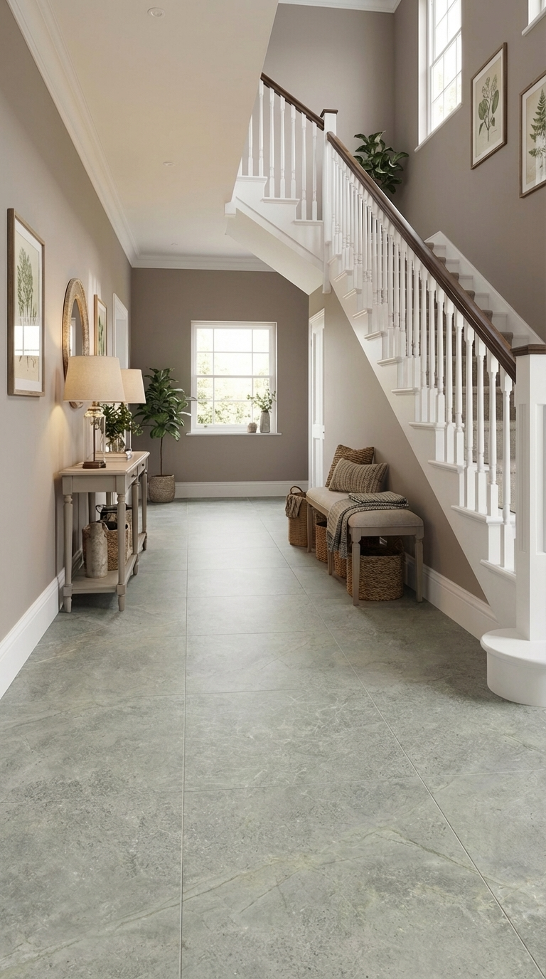 Staircase with white railings in a home interior with light gray flooring.