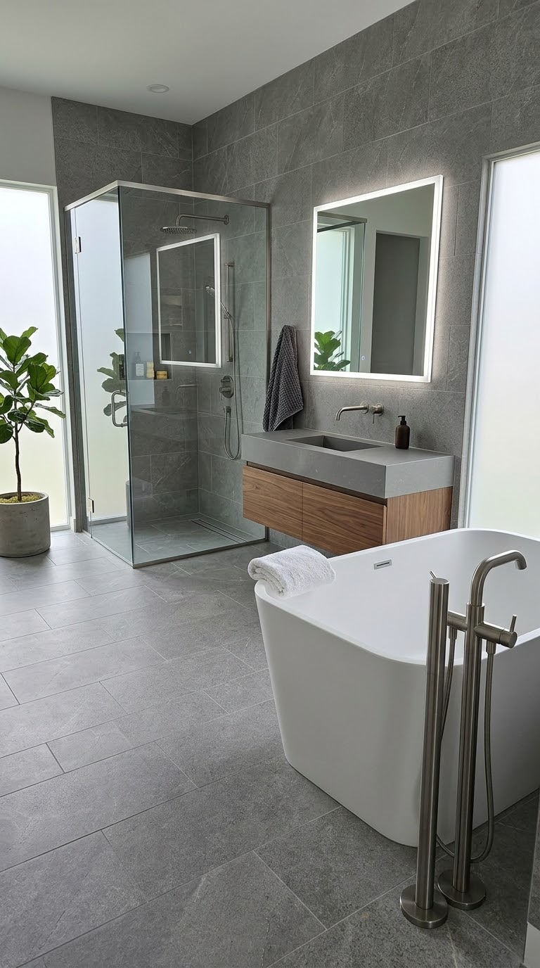 Modern bathroom with freestanding bathtub, sink, and shower.