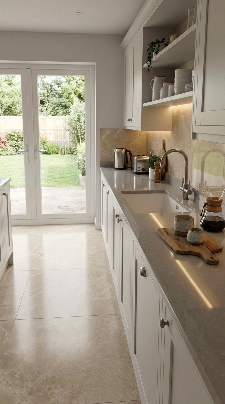 Modern kitchen with white cabinets, marble countertops, and a view of a garden.