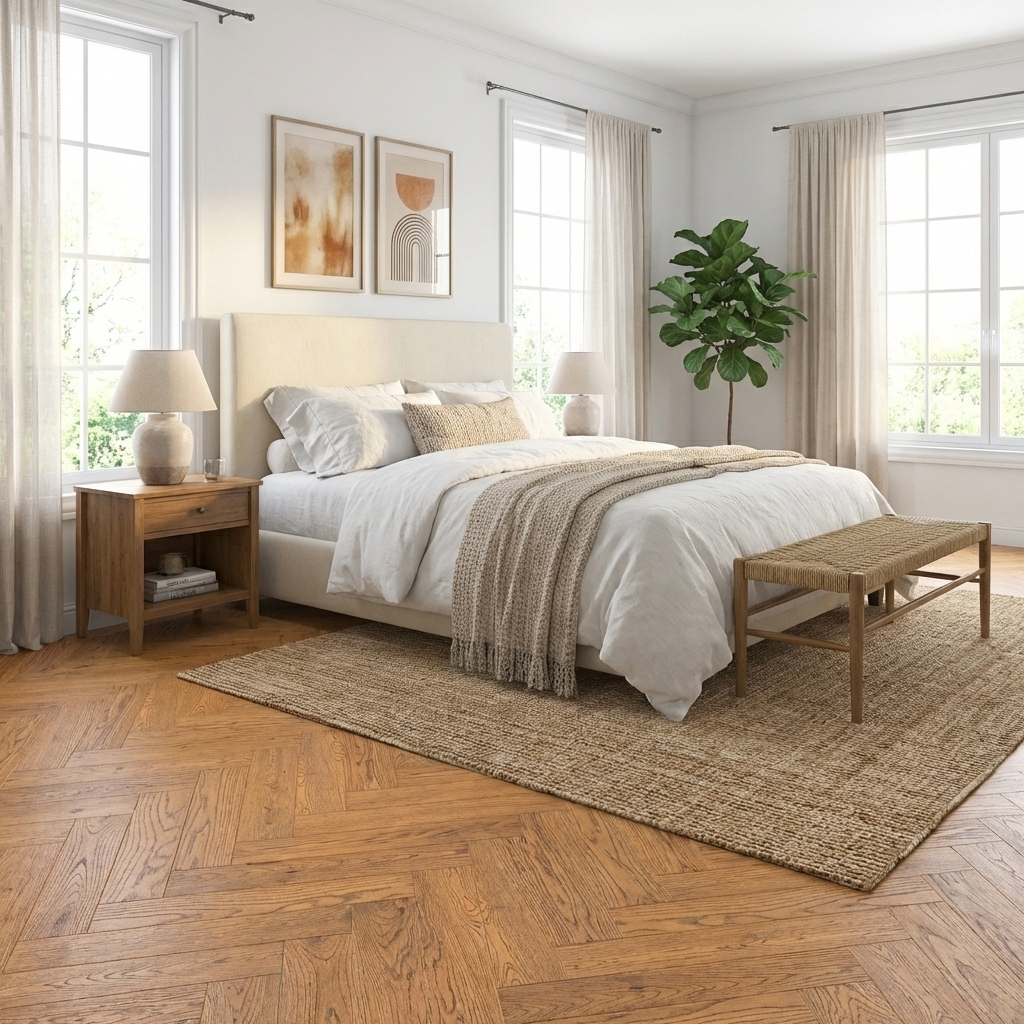 Neatly arranged bedroom with a bed, nightstands, and decor.