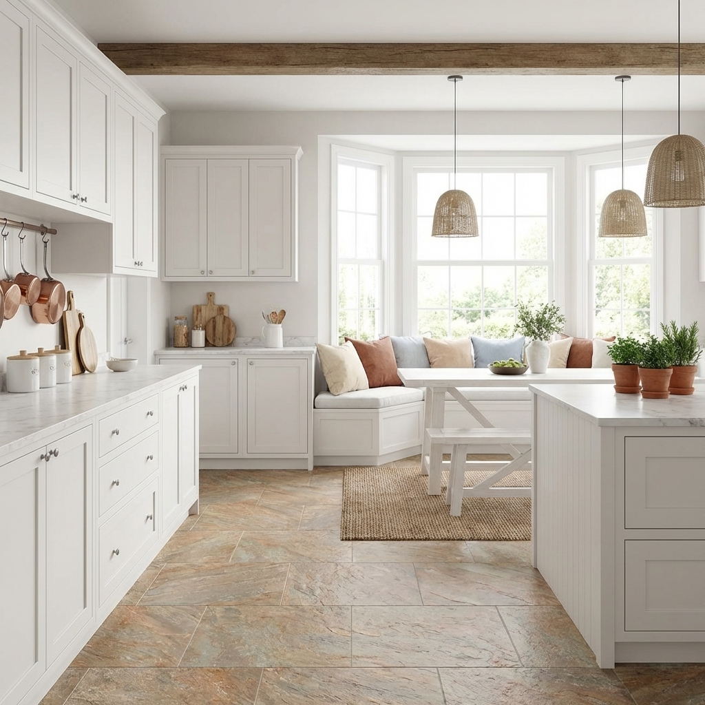 A modern country kitchen with farmhouse style tiles and white units.