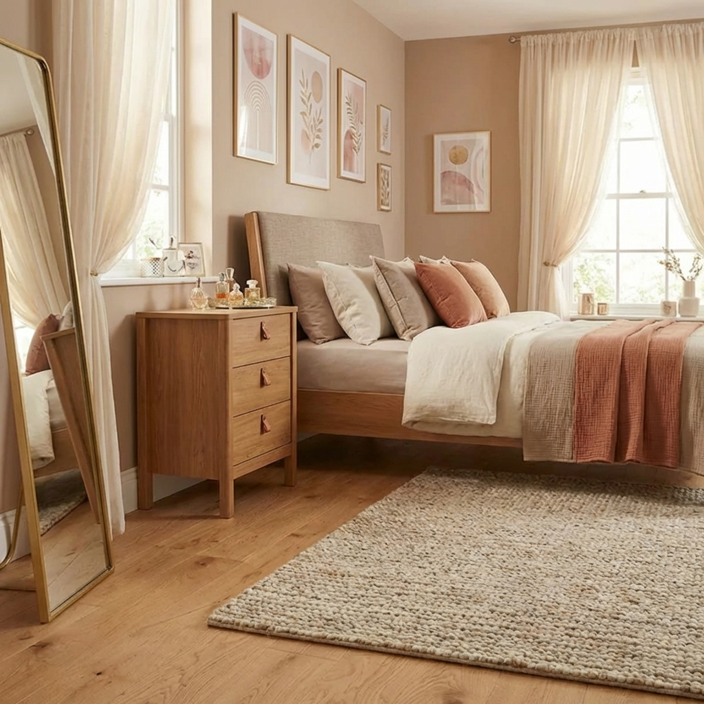 Neatly arranged bedroom with wooden furniture, bed, and decor.