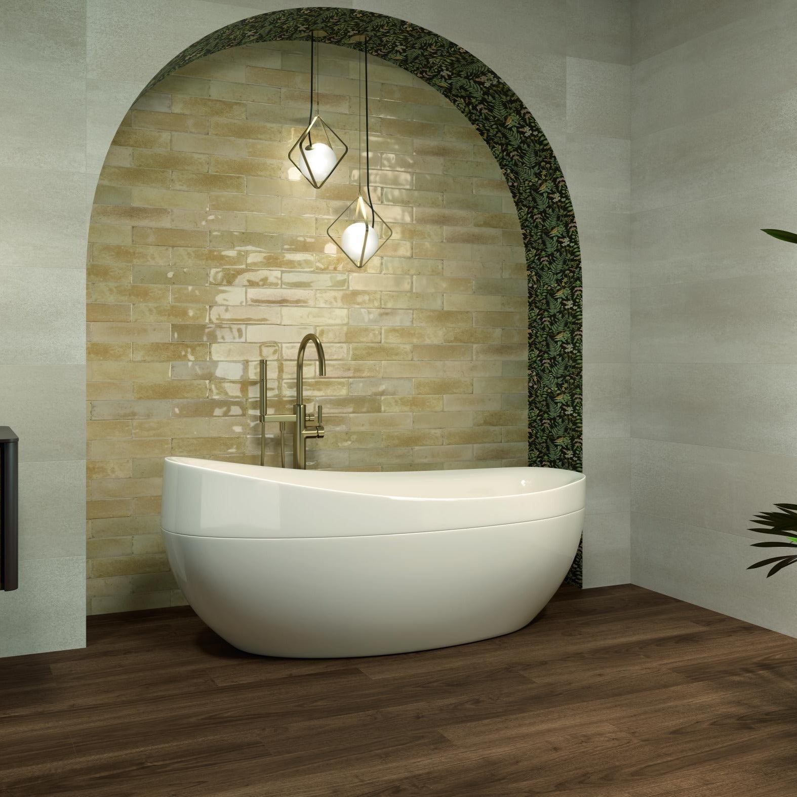 A bathroom setting showing a bathtub and wall tiles with a geometric pattern in beige, brown, and blue tones.