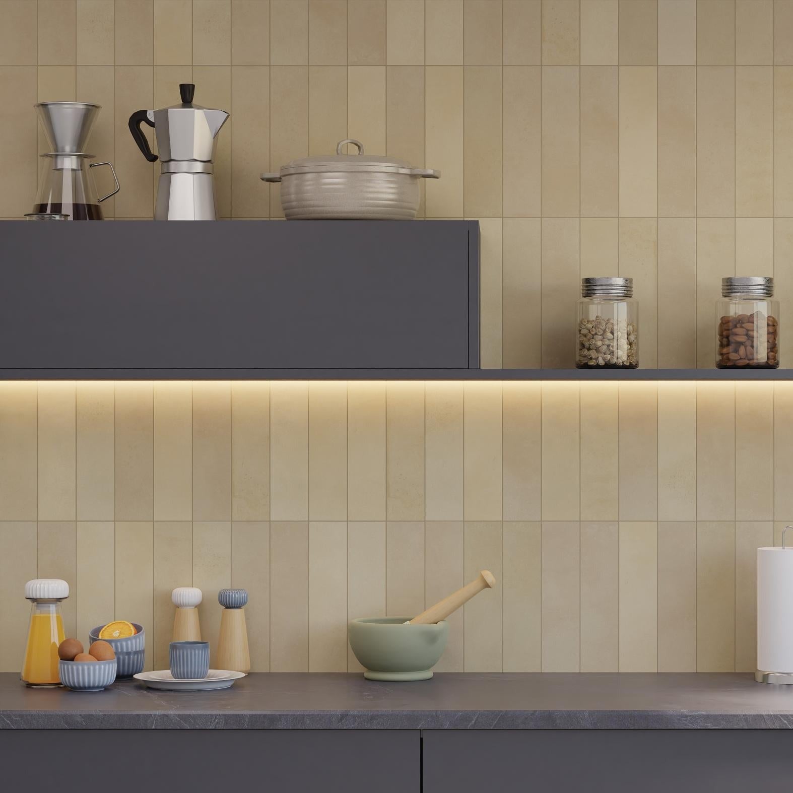 kitchen setting with beige coloured tiles