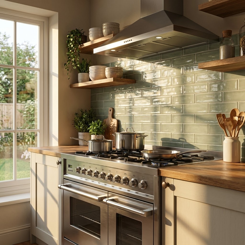 Modern kitchen with stainless steel stove, wooden countertops, and green tiled walls.