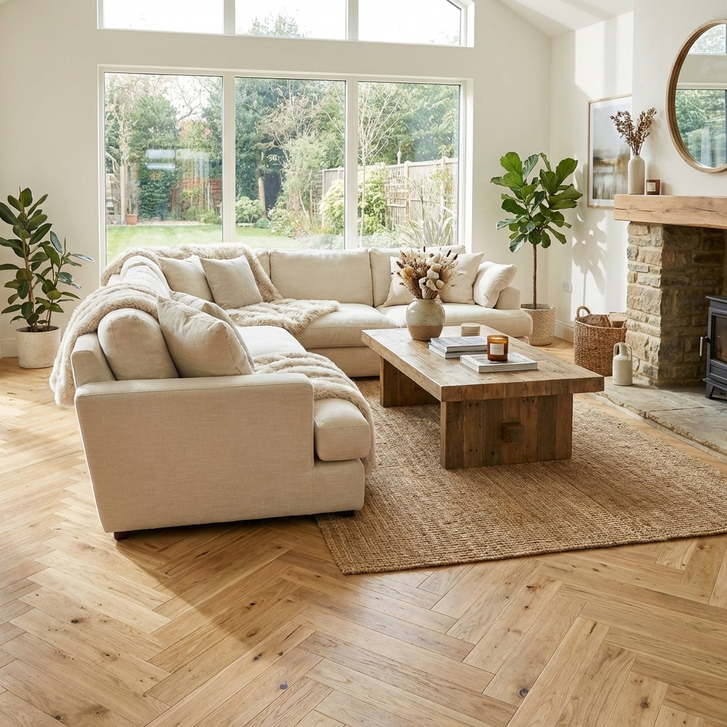 Cozy living room with beige sectional sofa, wooden coffee table, and large windows.
