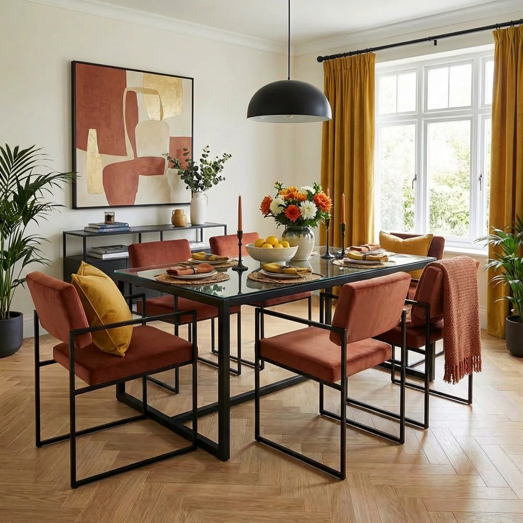 Dining room with a black glass table and orange chairs, featuring a large abstract painting on the wall.