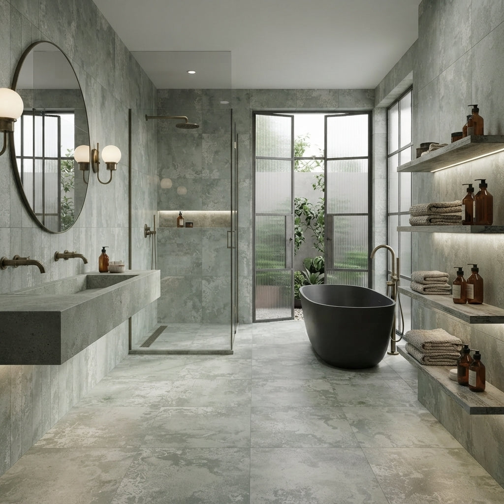 A modern bathroom interior with green stone-look tiles, a freestanding black bathtub, a glass shower enclosure, a wall-mounted double sink, and built-in shelving with bath accessories.