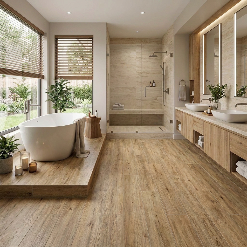 A modern bathroom interior with light oak wood style plank flooring, a freestanding white oval bathtub on a raised platform by large windows, a walk-in shower, double white sinks, and light wood vanity cabinets.