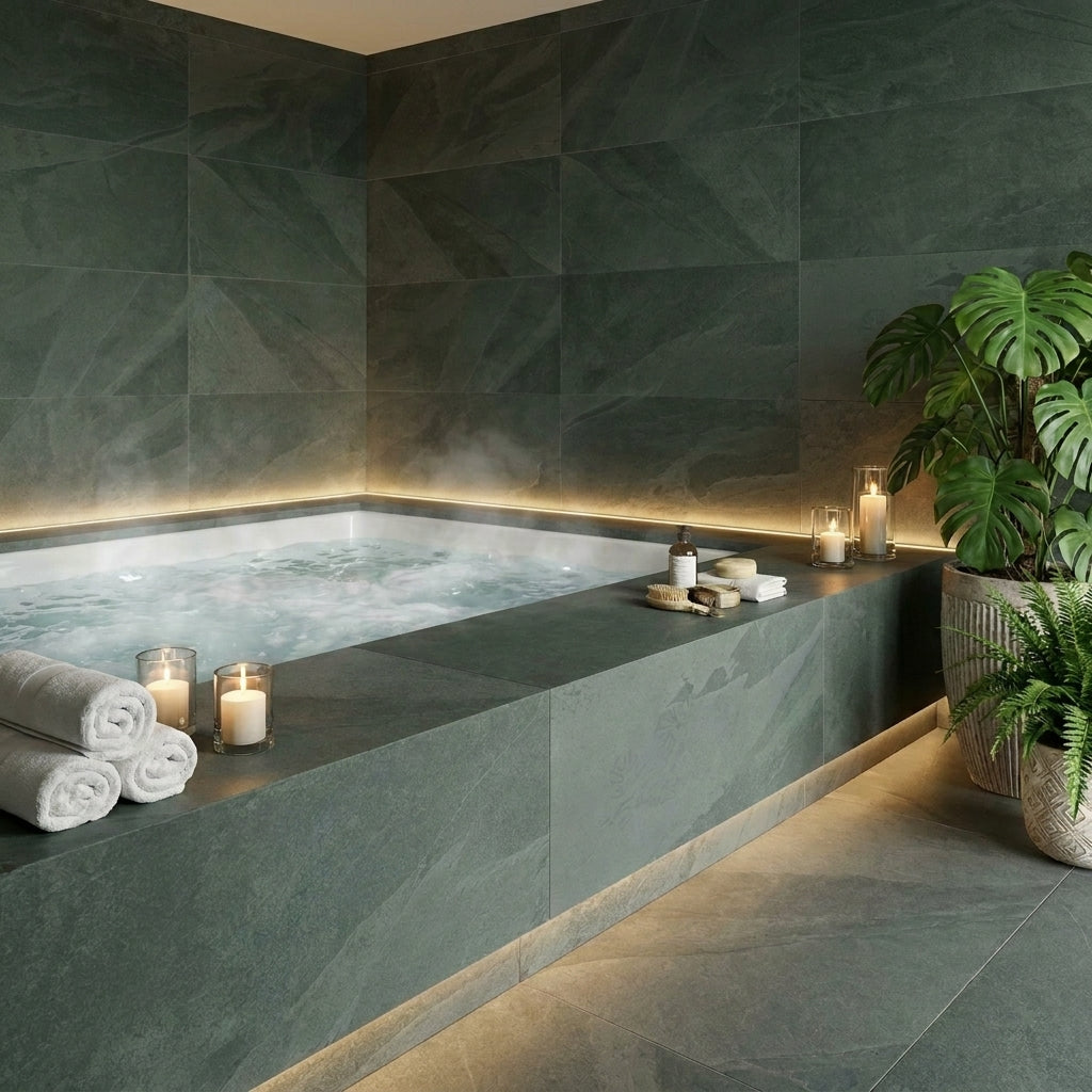 Modern bathroom with a stone bathtub, candles, and plants.