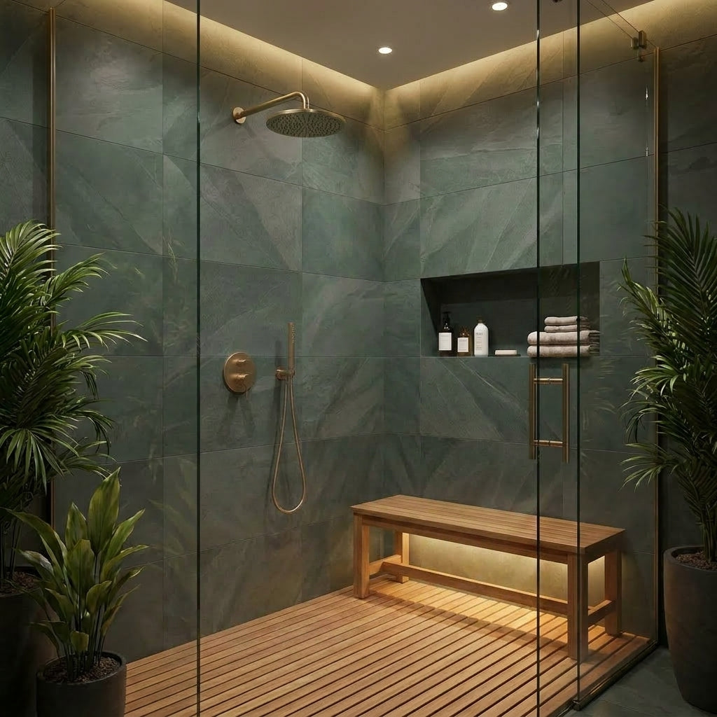 Modern shower room with glass walls, wooden bench, and plants