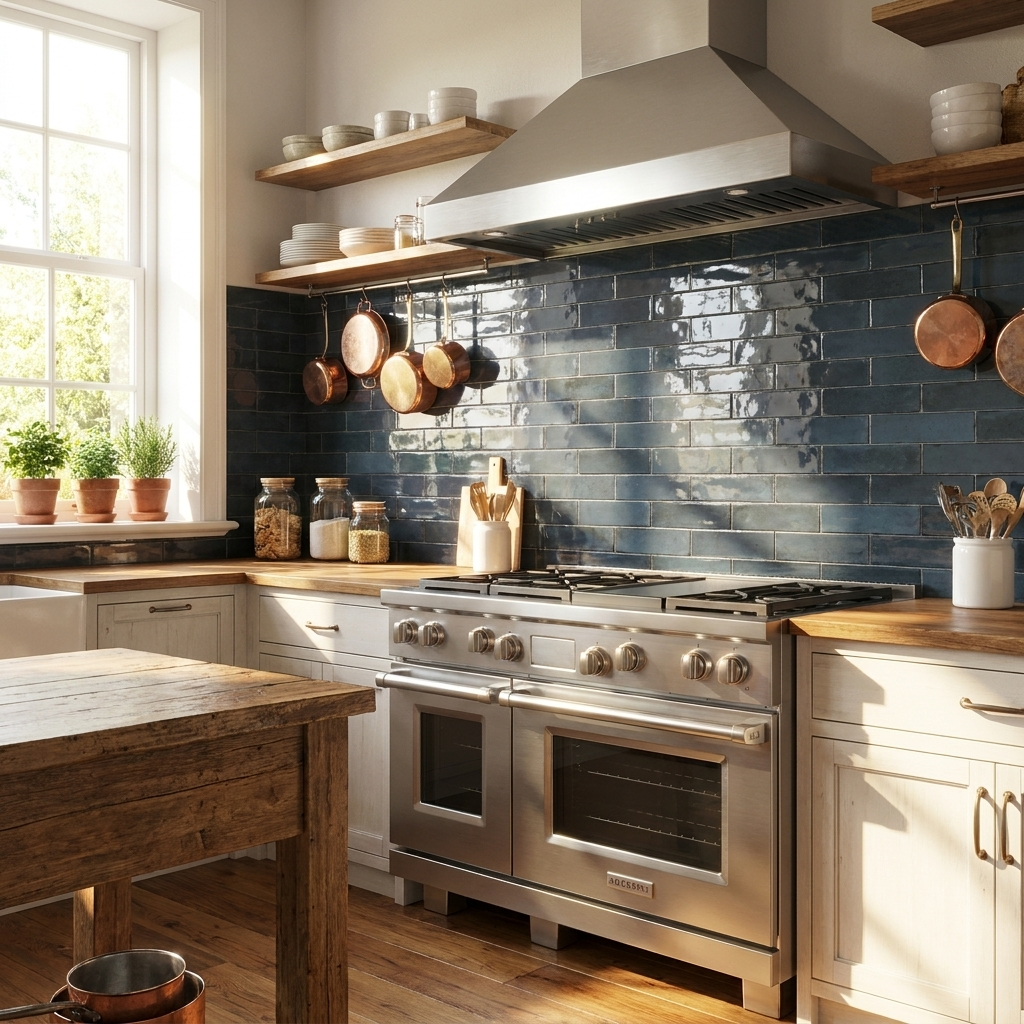 Modern kitchen with stainless steel oven, wooden island, and blue tiled backsplash.