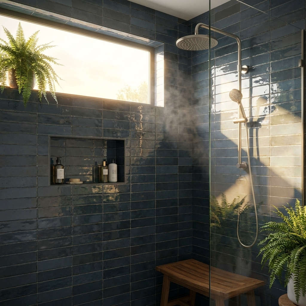 Modern shower room with dark blue tiles, wooden bench, and plants.
