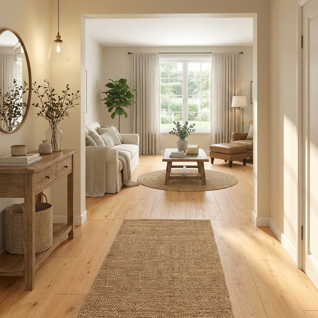 Modern living room with wooden floor, rug, and furniture.