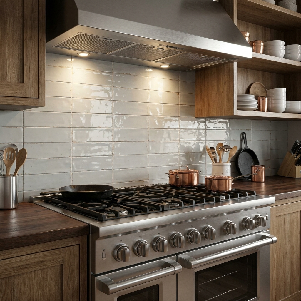 Modern kitchen with stainless steel stove and wooden cabinets