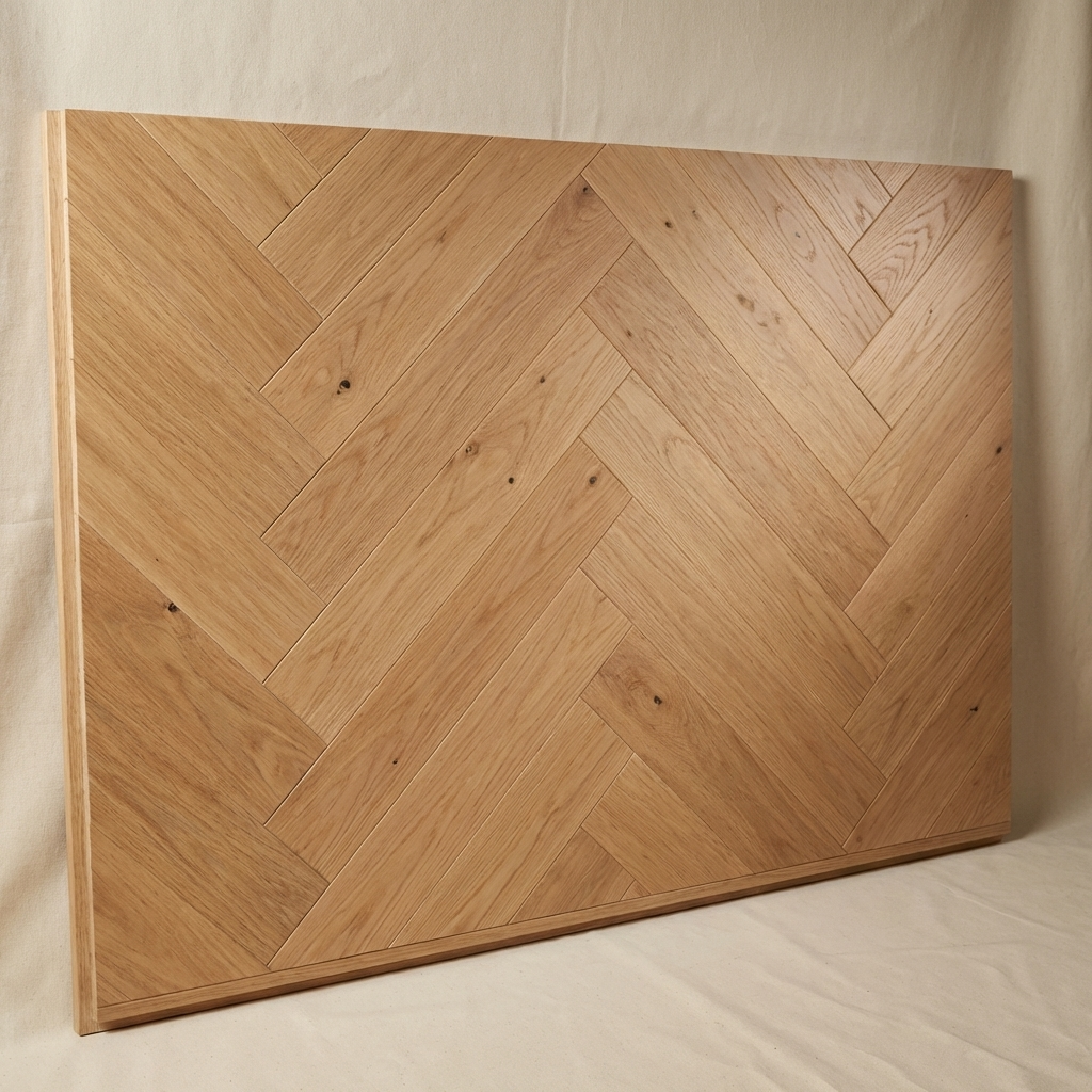 Wooden panel with herringbone pattern on a beige background