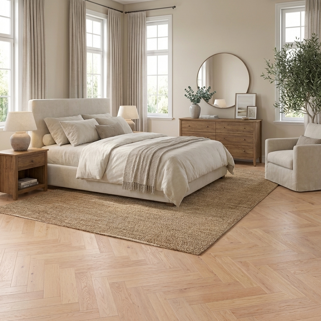 Neatly arranged bedroom with a bed, side tables, and decor.