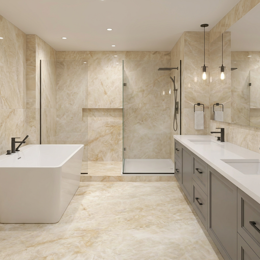 Modern bathroom with marble tiles, a bathtub, and vanity area.