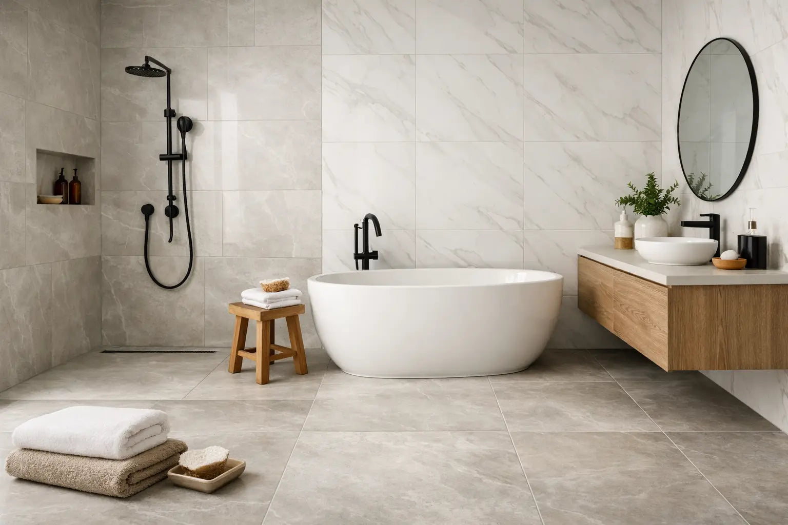 Porcelain wall and floor tiles for bathroom