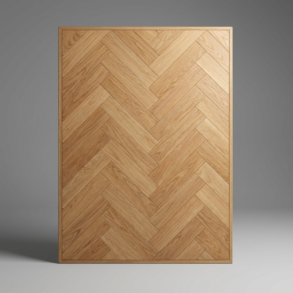 Wooden panel with herringbone pattern on a gray background