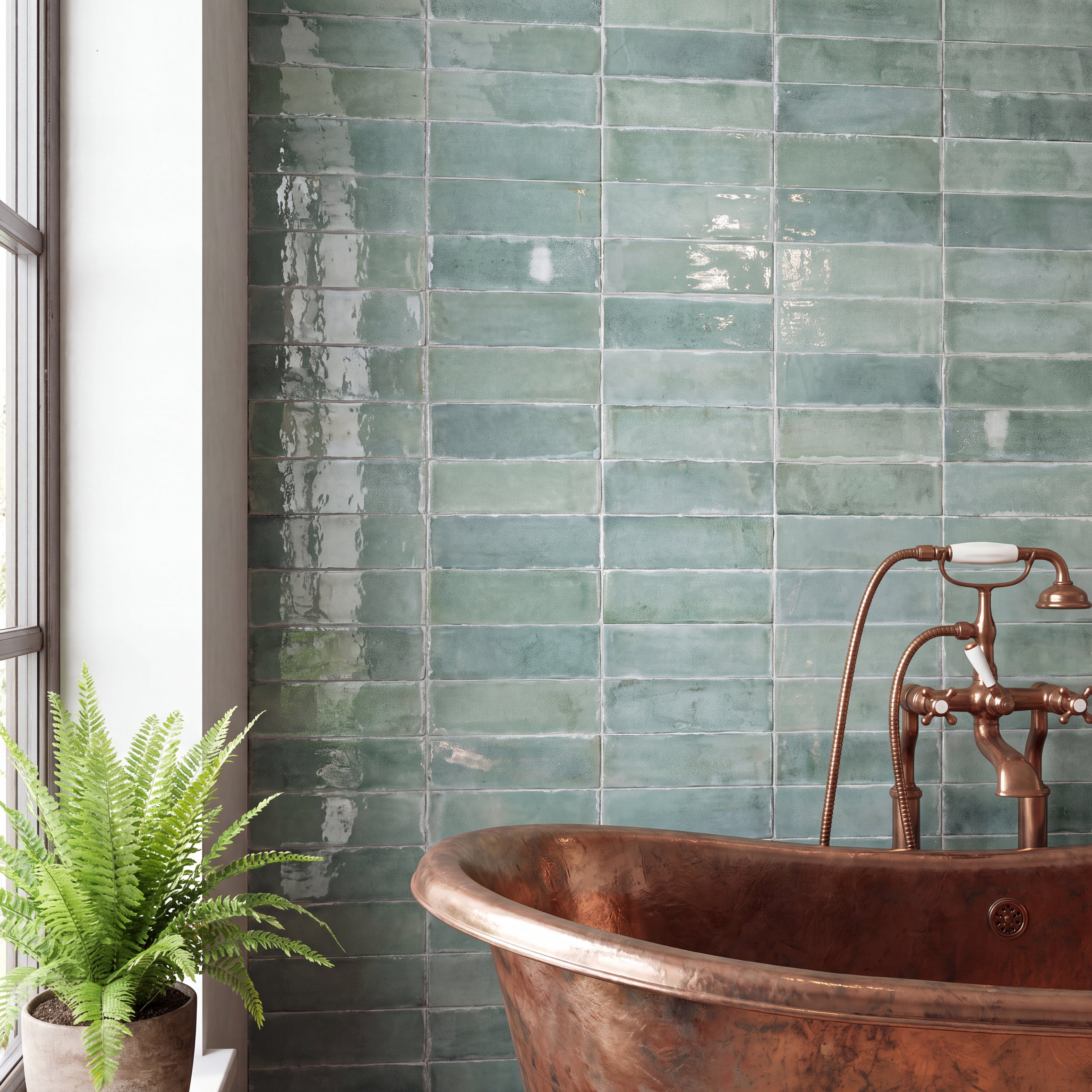 Bathroom with green tiled wall, copper bathtub, and plant