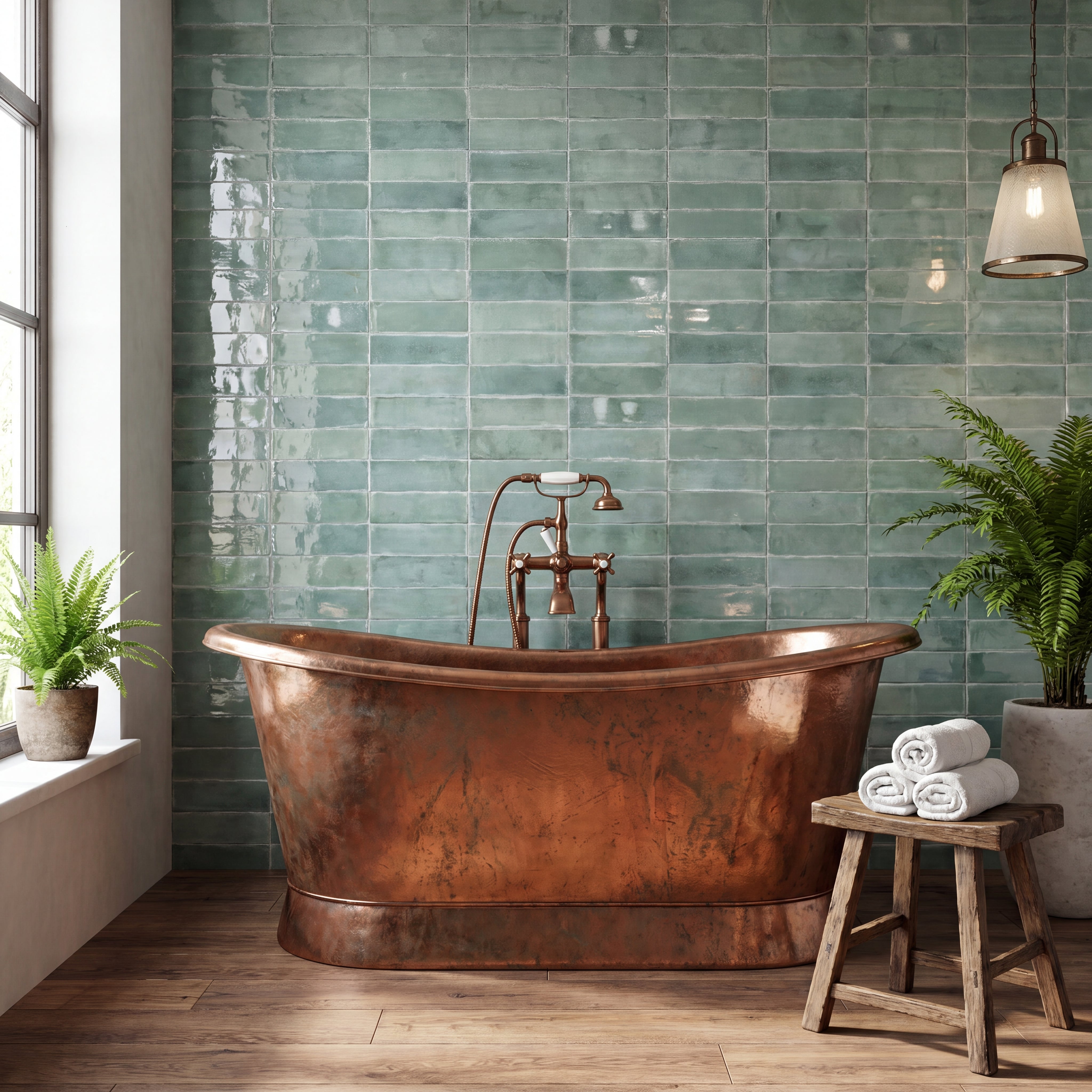 Bathroom with a copper bathtub against a tiled wall, plants, and towels.