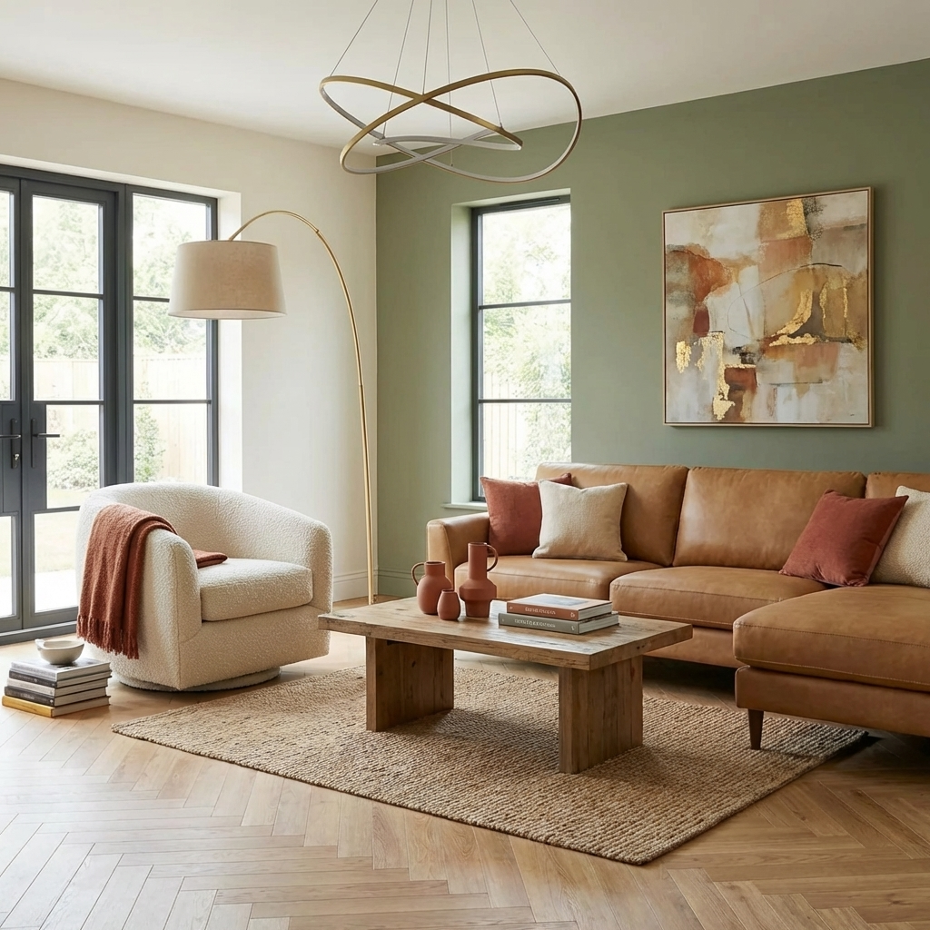 Modern living room with brown sofa, armchair, and coffee table.